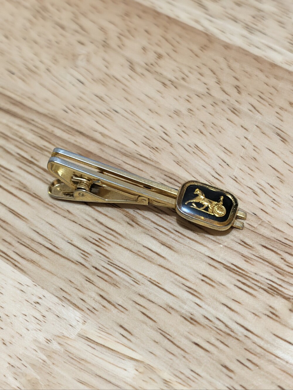 Vintage Celine Tie Clip Two-Tone Black Enamel Horse Carriage Logo